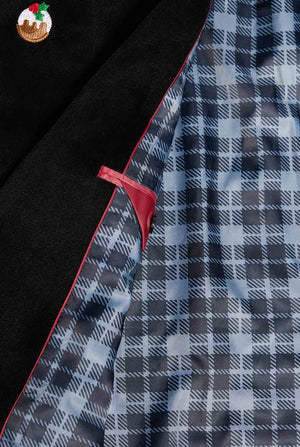 Zwarte kerstblazer met kerstpictogrammen, close up binnenkant