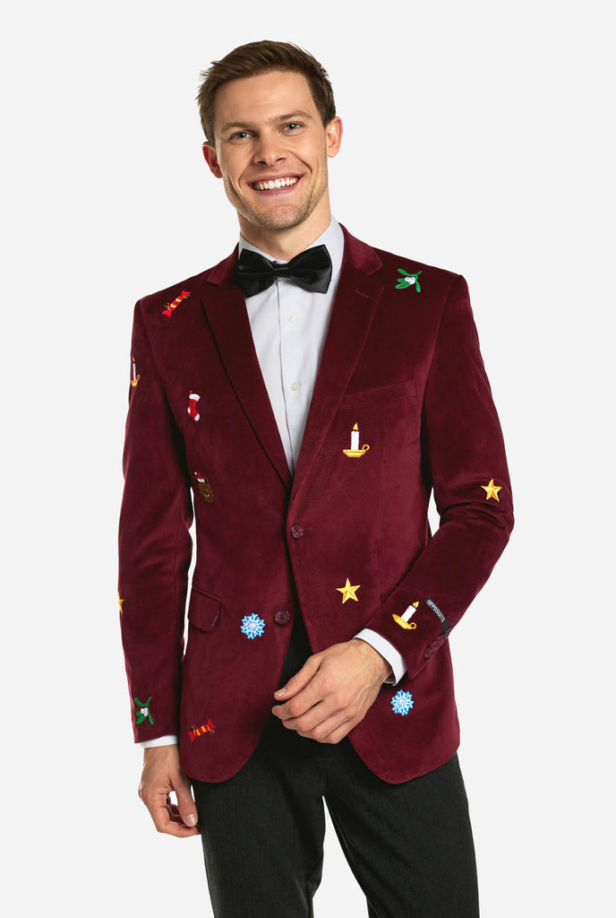 Man draagt bordeaux rode dinner jacket blazer met Kerst icoontjes