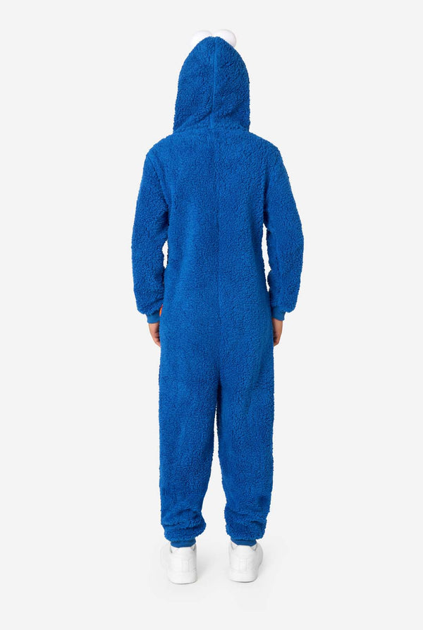 Jongen draagt blauwe Cookie Monster onesie, zicht van de achterkant