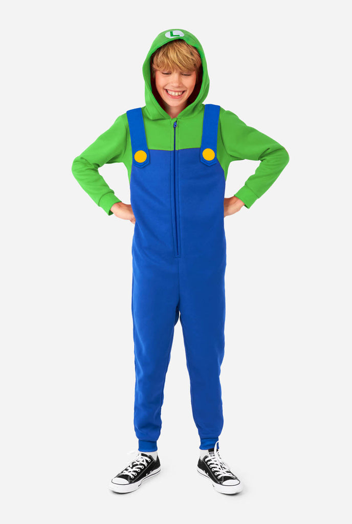 Boy wearing Kids Onesie with Luigi Super Mario print.