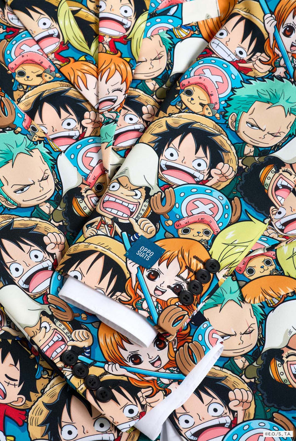 One Piece herenpak met all over print van One Piece karakters. Close up.
