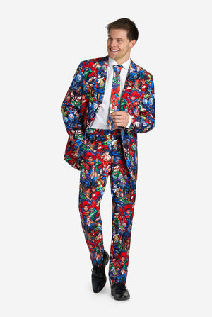 Man in herenpak met DC Super Heroes-print