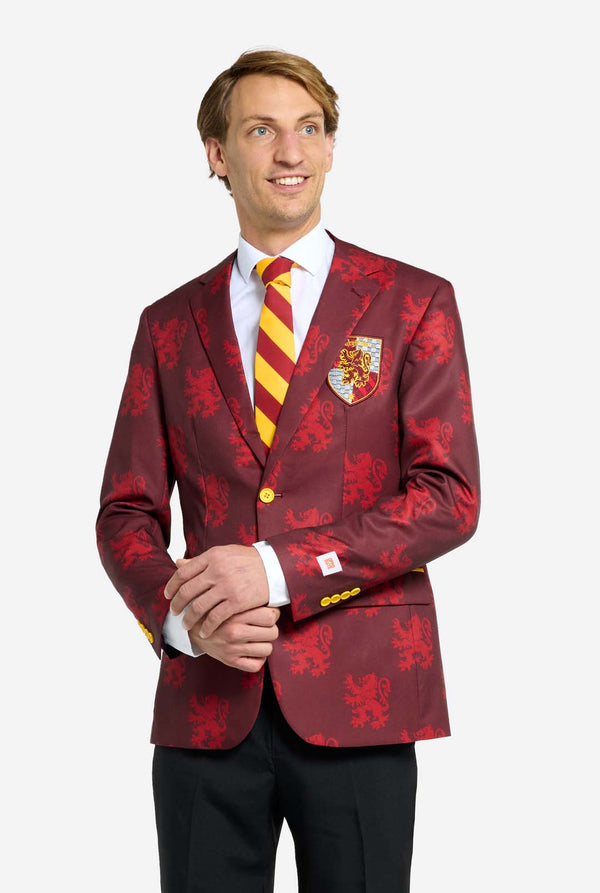 Afbeelding met lichtgrijze achtergrond en man in Harry Potter-pak, in Griffoendor-stijl. Het pak bestaat uit een rode blazer met Griffoendor-logo en lichtrode leeuwenprint, een zwarte broek en een rood-gele diagonaal gestreepte stropdas.