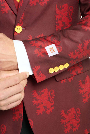 Afbeelding met lichtgrijze achtergrond en man in Harry Potter-pak, in Griffoendor-stijl. Het pak bestaat uit een rode blazer met Griffoendor-logo en lichtrode leeuwenprint, een zwarte broek en een rood-gele diagonaal gestreepte stropdas. Close-up van de mouwen.