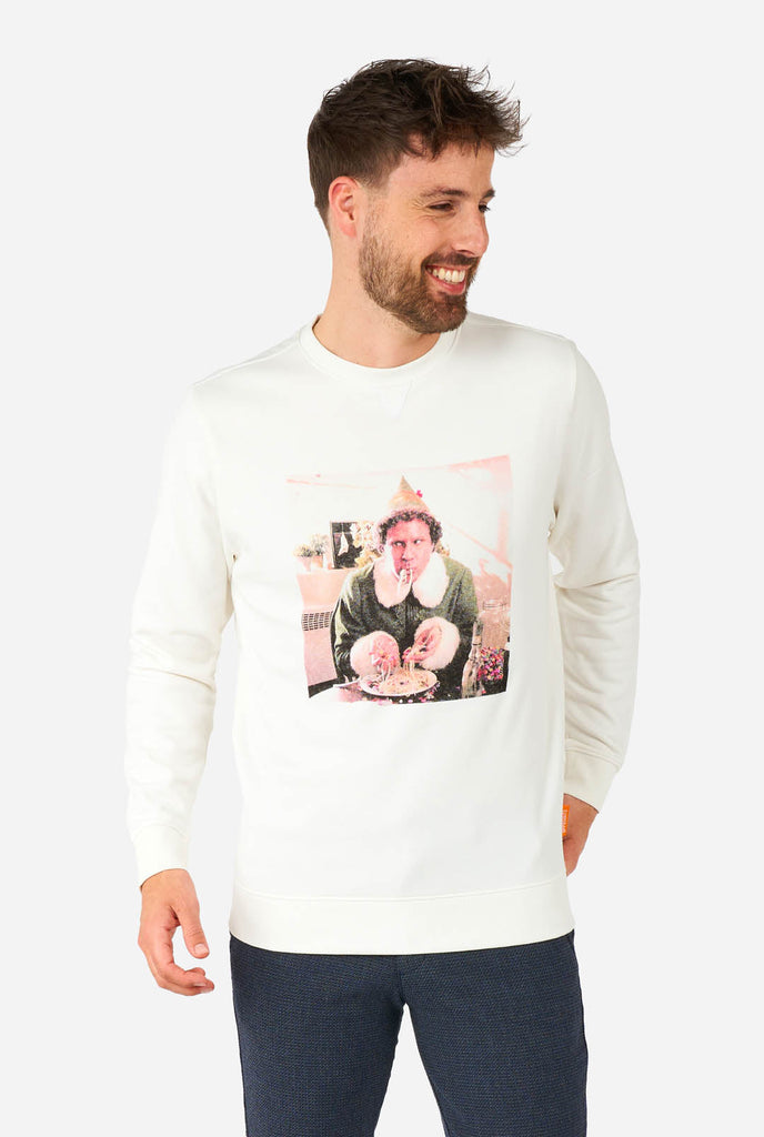 Man draagt witte trui met Elf Kerst foto