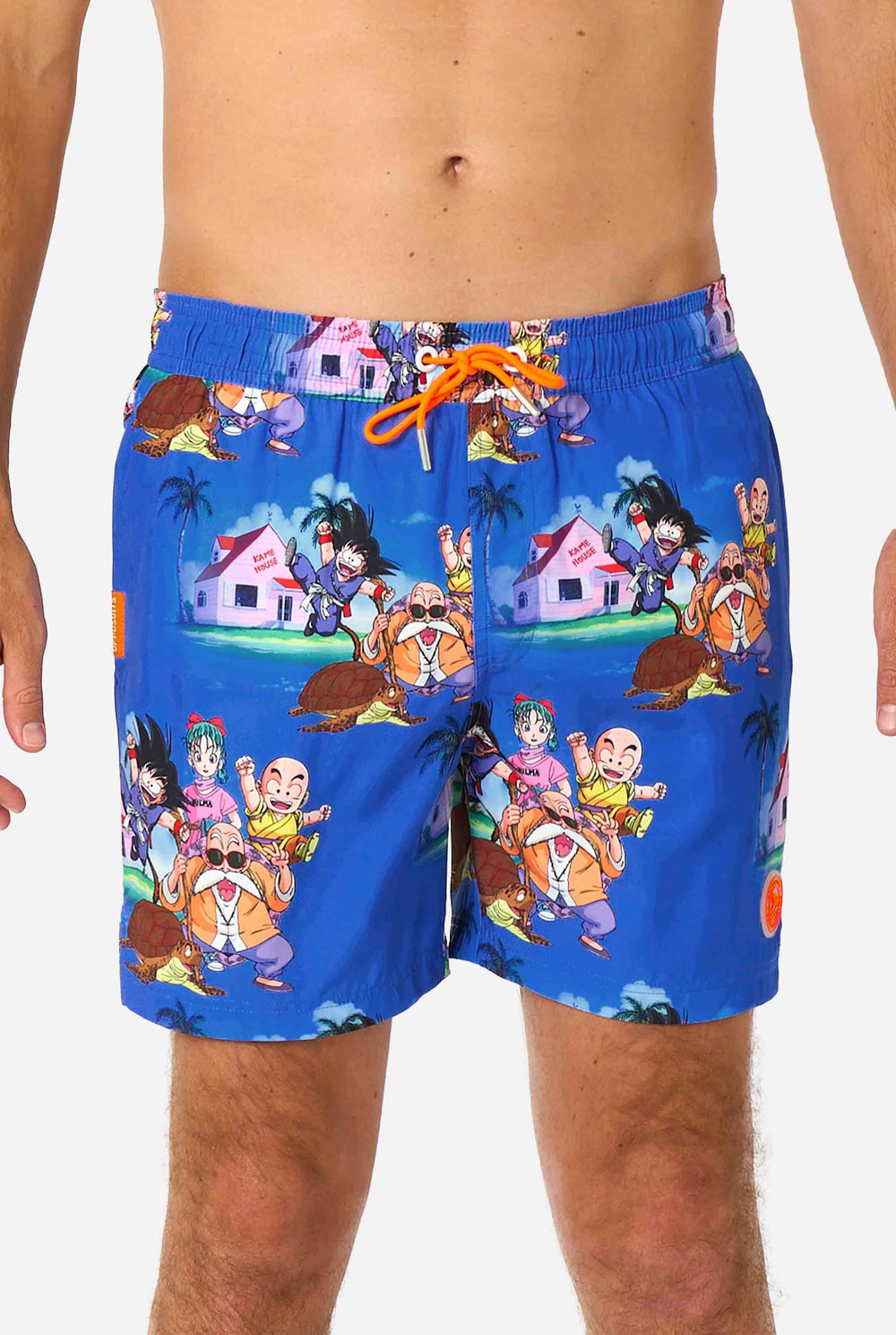 Blauwe Dragon Ball-zwemshorts voor heren met Goku, Krillin, Master Roshi en andere personages in Kame House. Perfect voor animefans op het strand of bij het zwembad.