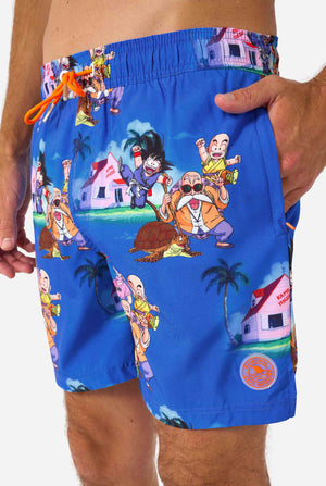 Blauwe Dragon Ball-zwemshorts voor heren met Goku, Krillin, Master Roshi en andere personages in Kame House. Perfect voor animefans op het strand of bij het zwembad.