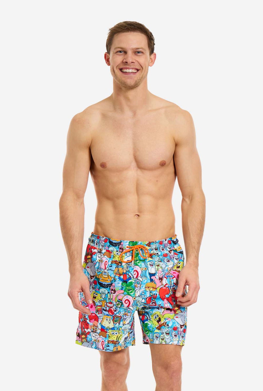 Man wearing swim trunks with SpongeBob print, close up