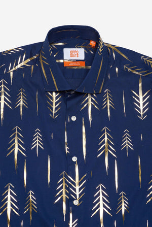 Donkerblauw kerstshirt met gouden foliebomen, close-up