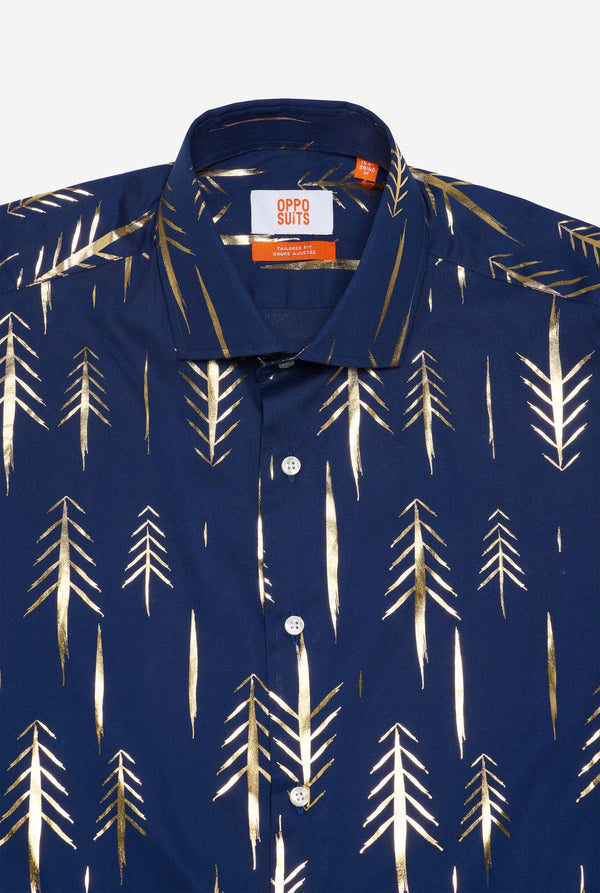 Donkerblauw kerstshirt met gouden foliebomen, close-up