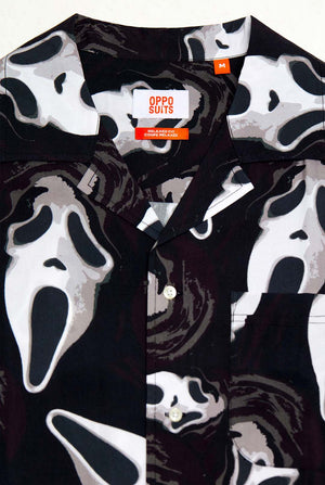 Zwart Hawaiishirt met Ghostface print, close-up