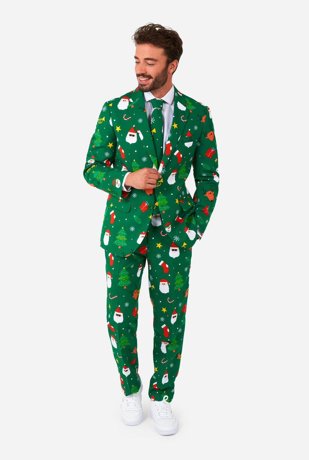 Man met groene kerstpakken voor mannen met kerstpictogrammen