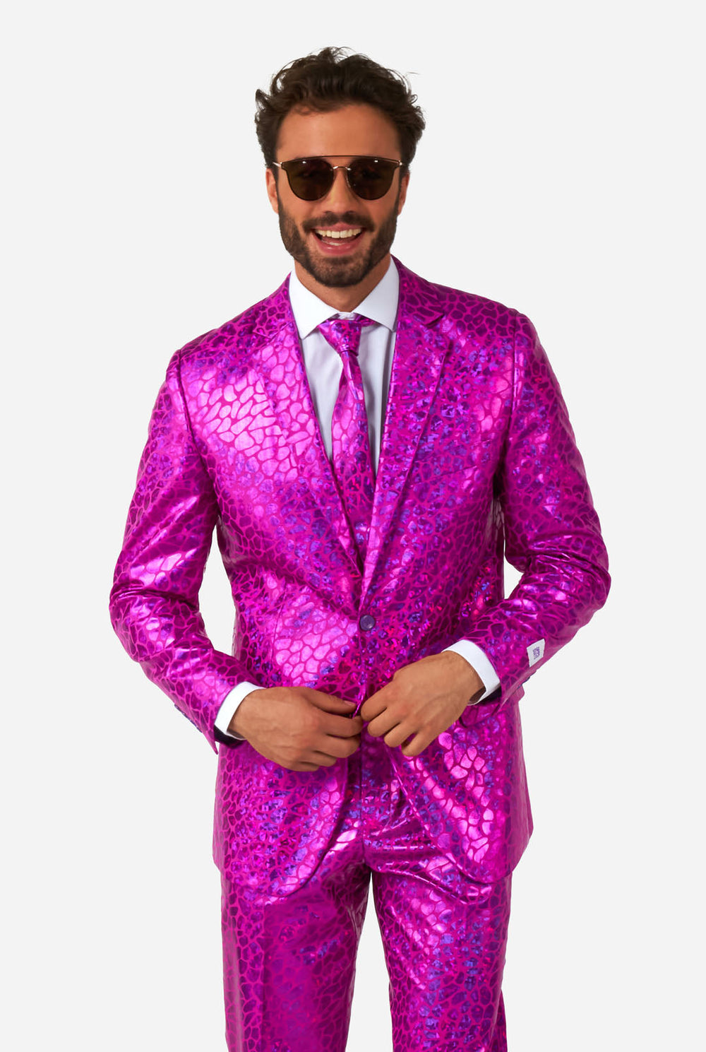 Man met glanzend roze hagedishuid herenpak
