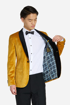 Jongen draagt gouden fluwelen Dinner Jacket voor Tieners