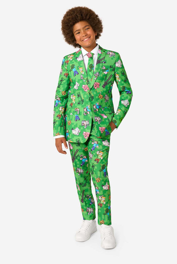 Een tienerjongen in een felgroen Minecraft-pak met iconische personages, waaronder Creepers en Steve - Volledig lichaam