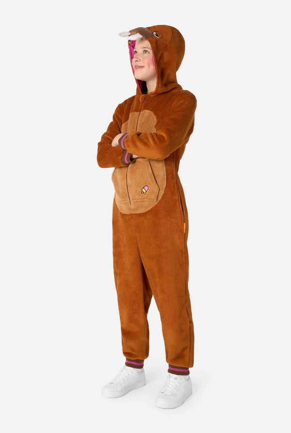 Een vrolijk jongetje in een bruine kinderonesie ontworpen als walrus. De onesie heeft een capuchon met hoektanden, gestikte handschoenen die op poten lijken en speelse walrusdetails, perfect voor gezellig loungen of verkleedfeestjes. Volledig lichaamsbeeld.
