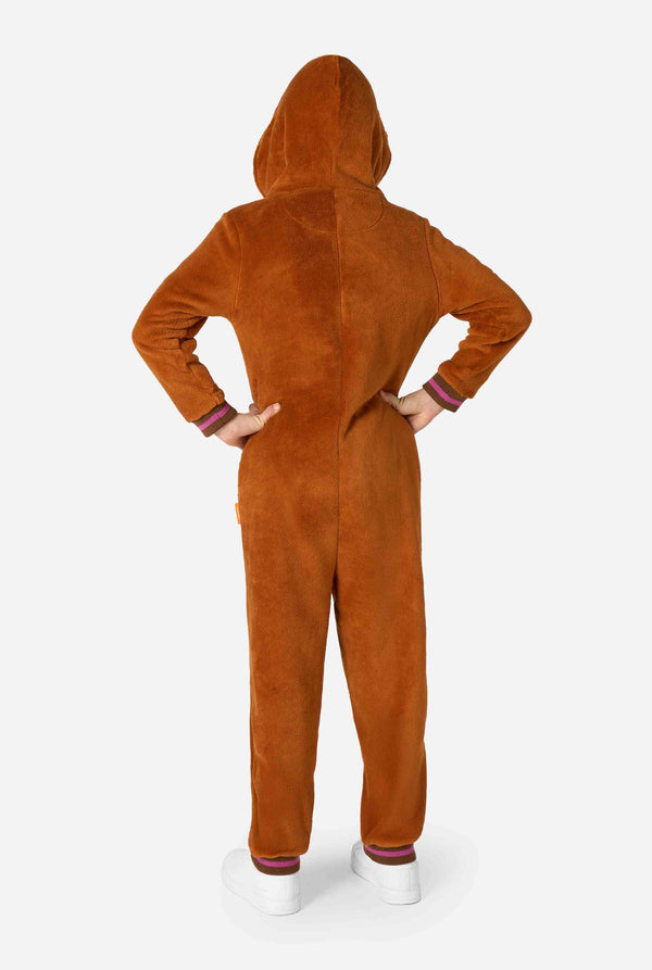 Een vrolijk jongetje in een bruine kinderonesie ontworpen als walrus. De onesie heeft een capuchon met hoektanden, gestikte handschoenen die op poten lijken en speelse walrusdetails, perfect voor gezellig loungen of verkleedfeestjes. Uitzicht vanaf de achterkant.