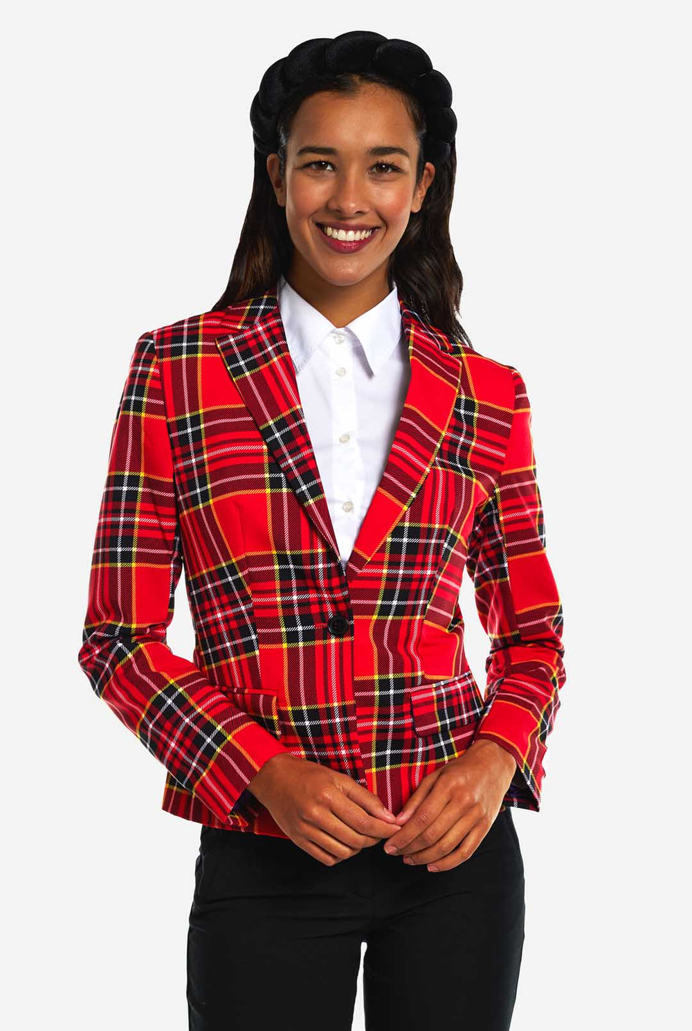 Vrouw draagt damesblazer met tartan print