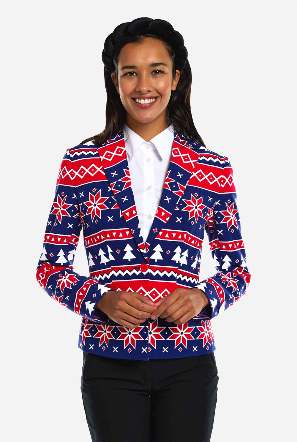 Vrouw draagt dames Kerstblazer met Nordic print