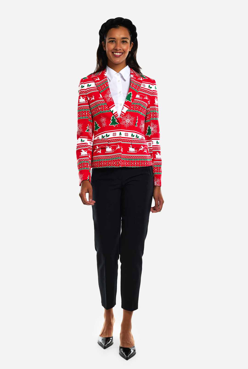 Vrouw draagt dames Kerstblazer met winter print