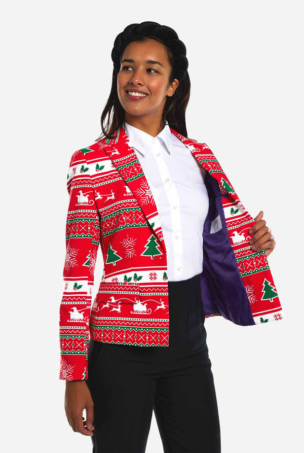 Vrouw draagt dames Kerstblazer met winter print