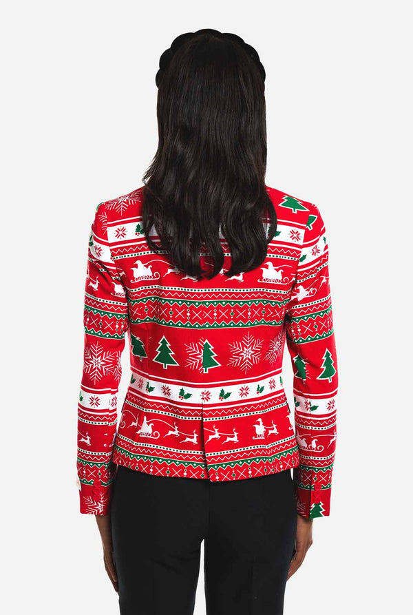 Vrouw draagt dames Kerstblazer met winter print
