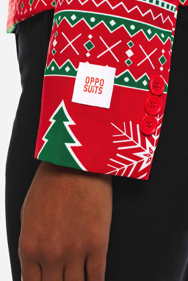 Vrouw draagt dames Kerstblazer met winter print