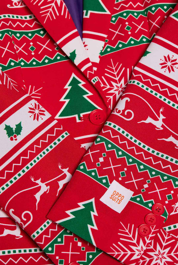 Vrouw draagt dames Kerstblazer met winter print