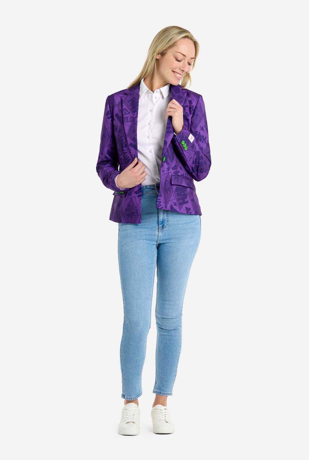 Vrouw draagt paarse The Joker Themed dames blazer