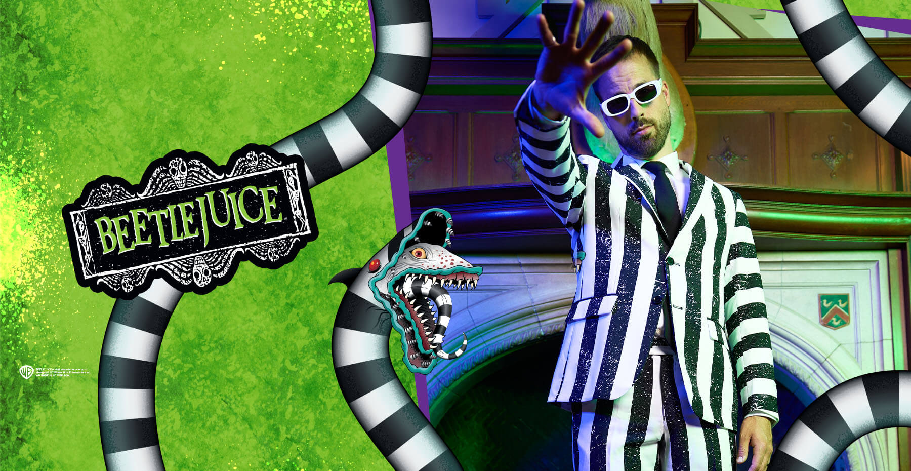 Afbeelding met Beetlejuice-thema, met man in gestreept zwart-wit mannenpak