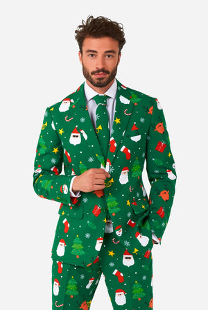 Filmpje van man die een OppoSuits Festivity Green groen heren Kerstpak draagt.