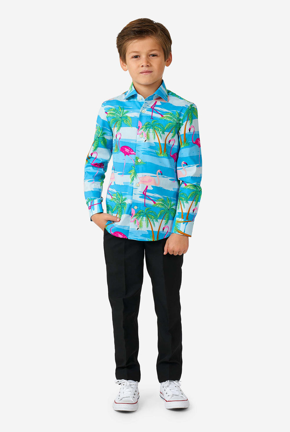 Jongen die jongens shirt met lange mouwen draagt ​​met zomerse flamingo -print