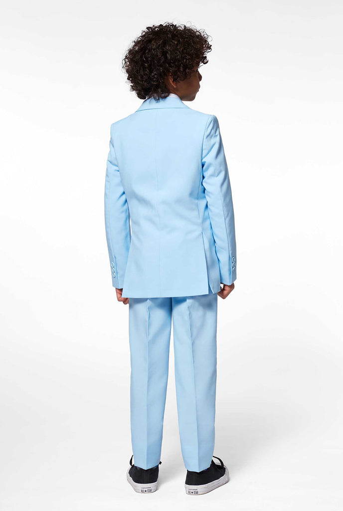 Vast gekleurd lichtblauw pak gedragen door Back Backside View