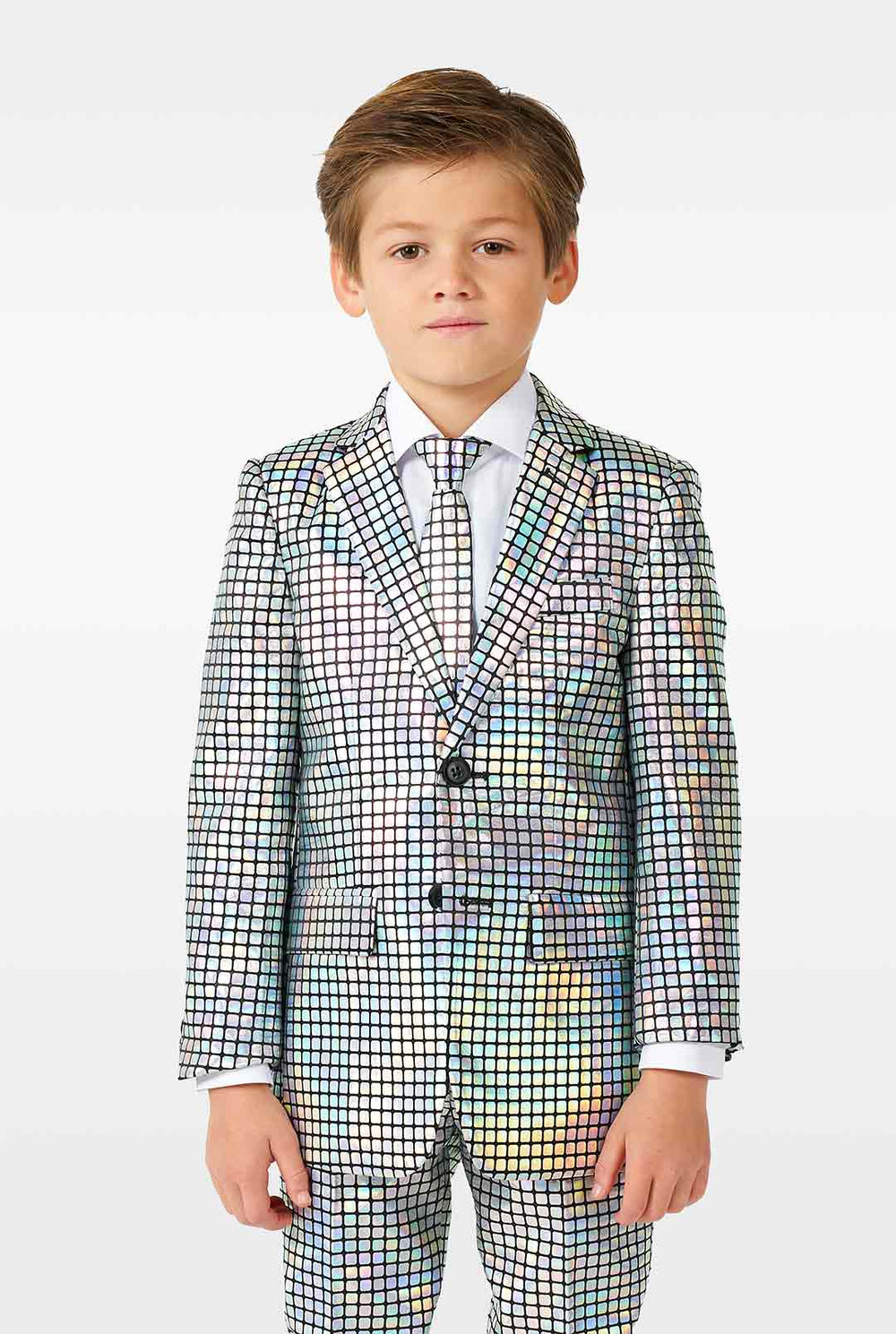 Jongen met discobalspiegelpak