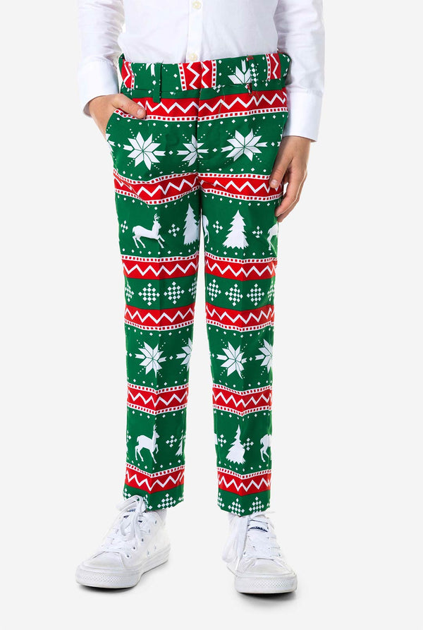 Kind met groen kerstpak, broek zoom