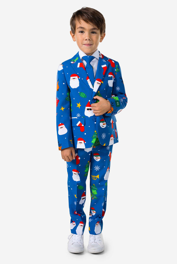 Kind draagt ​​een blauw kerstpak