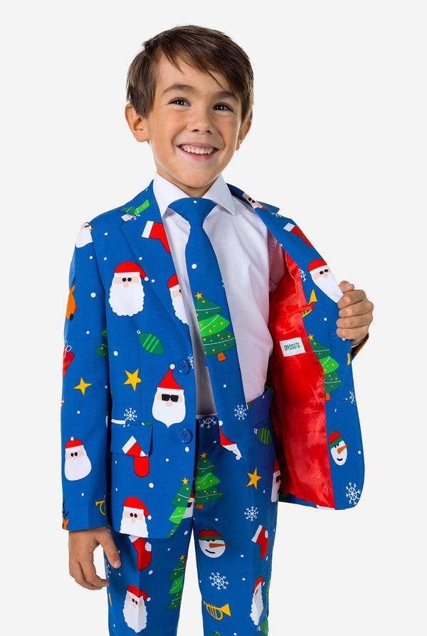 Kind draagt ​​een blauw kerstpak
