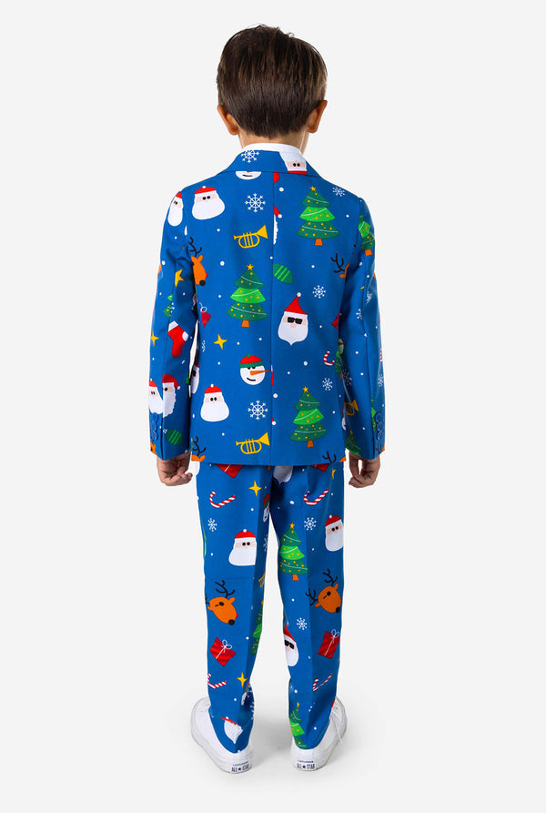Kind draagt ​​een blauw kerstpak vanaf de achterkant