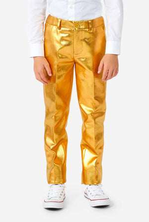 Jongen die glanzend groovy gouden pak, broeken uitzicht
