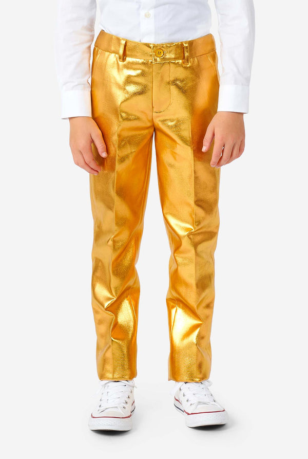 Jongen die glanzend groovy gouden pak, broeken uitzicht