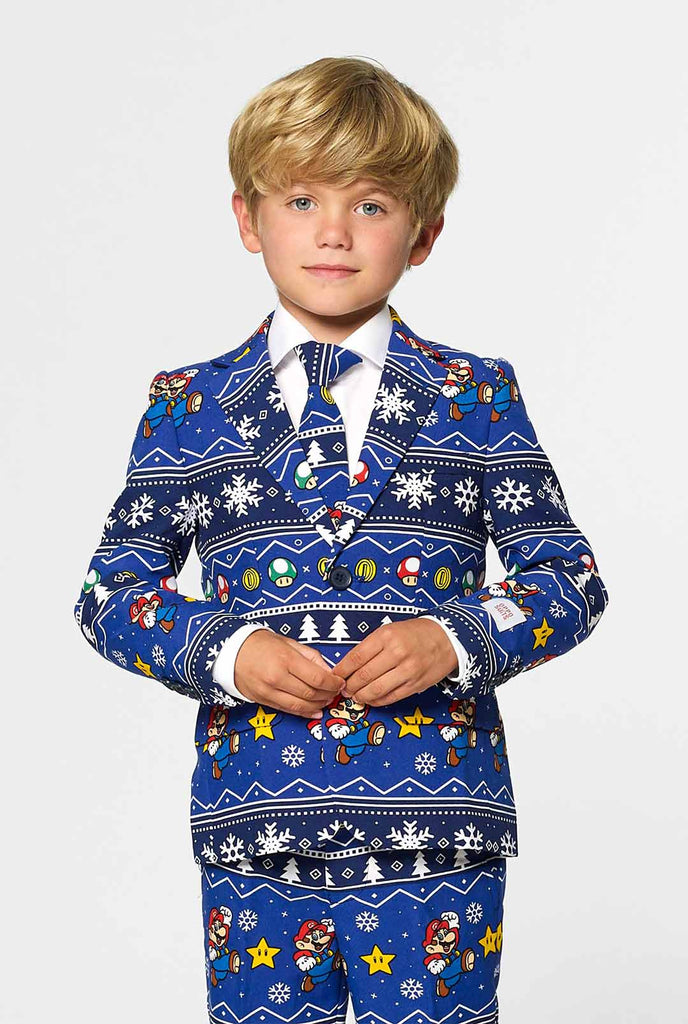 Kerstpak voor jongens met Super Mario -print gedragen door jongen
