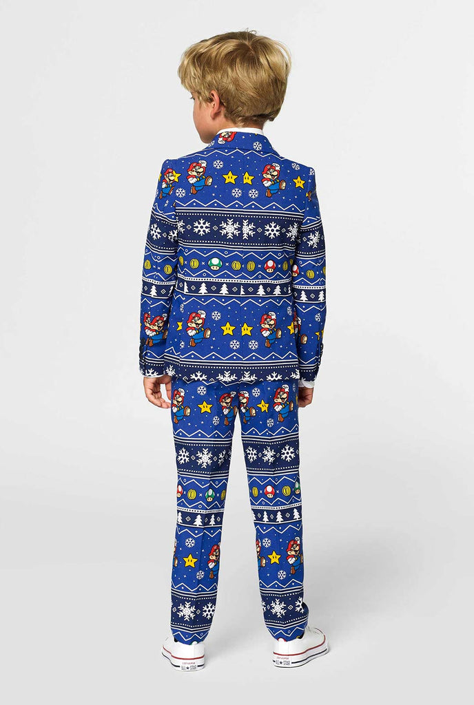 Kerstpak voor jongens met Super Mario -print gedragen door Boy vanaf de achterkant