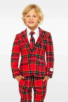 Rood plaid pak voor jongens gedragen door jongen