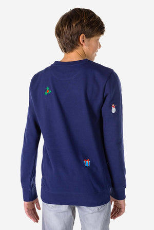 Kind draagt ​​een blauwe kersttrui met kerstpictogrammen, bekijk vanaf de achterkant
