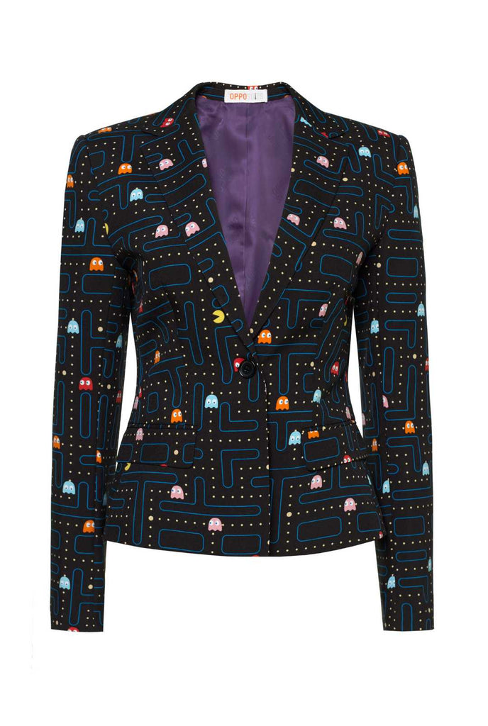 Zwarte blazer met Pac-Man-print