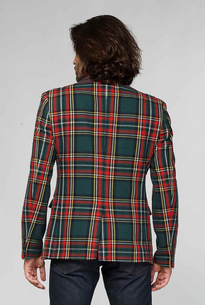 Rode en groene tartan blazer gedragen door de mens