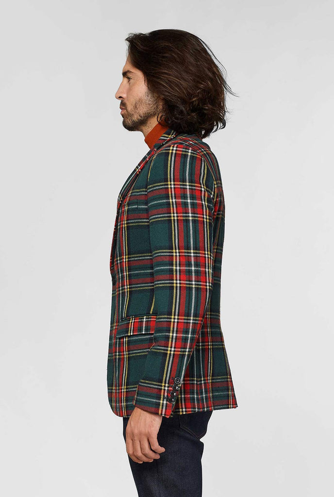 Rode en groene tartan blazer gedragen door de mens, uitzicht vanaf de zijkant