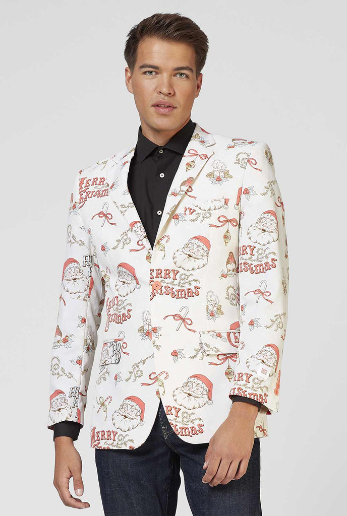 Man draagt ​​off-witte en rode chrismas blazer en zwart shirt
