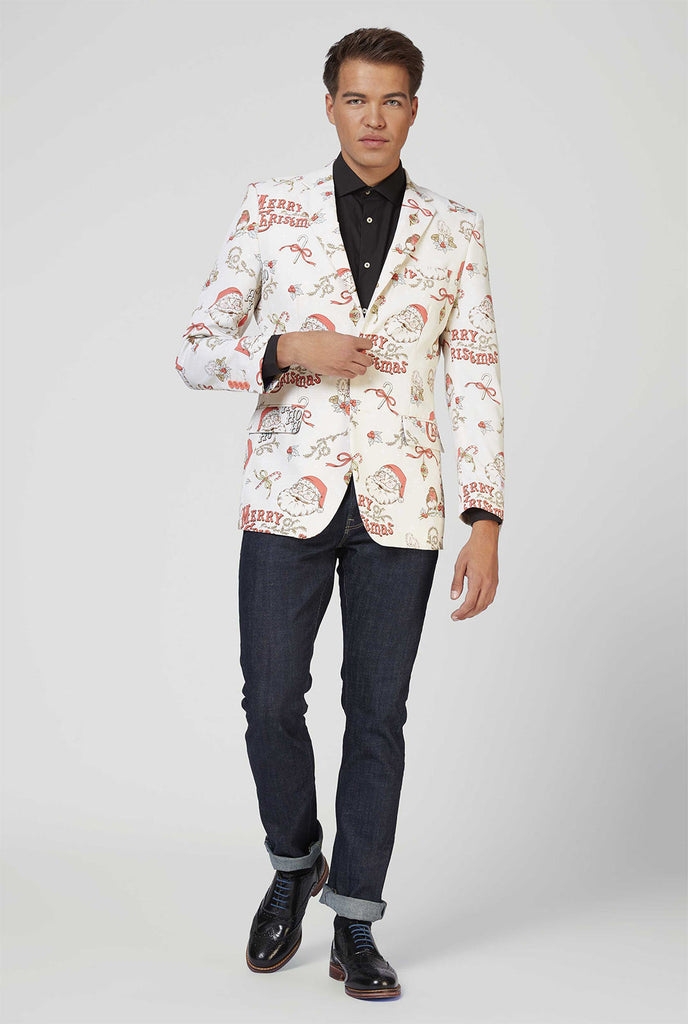 Man draagt ​​off-witte en rode chrismas blazer en zwart shirt