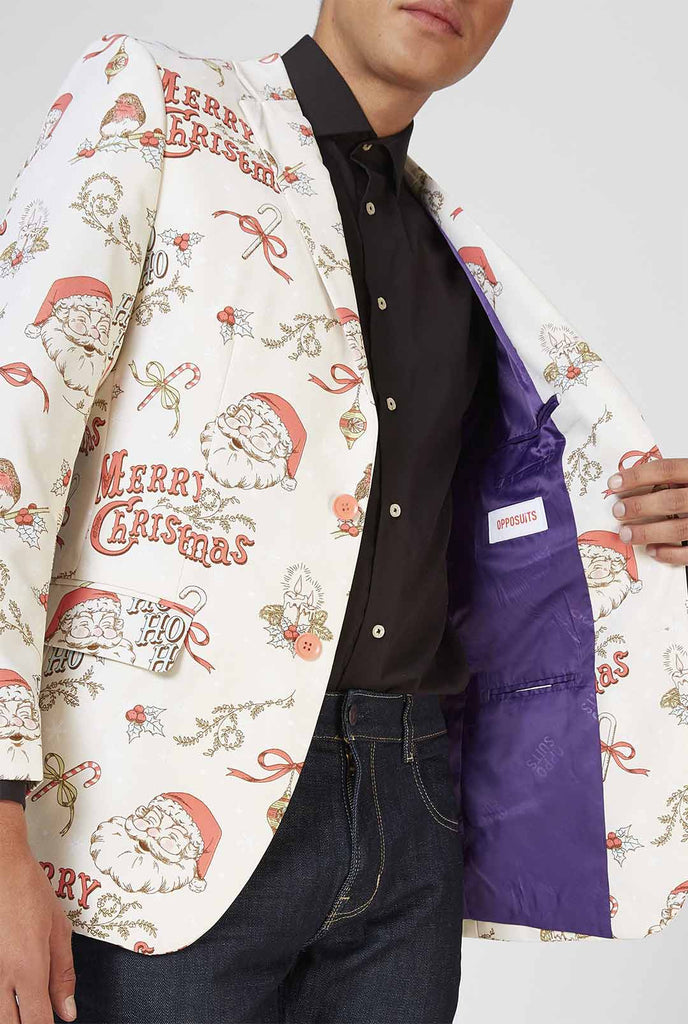 Man draagt ​​off-witte en rode chrismas blazer en zwart shirt